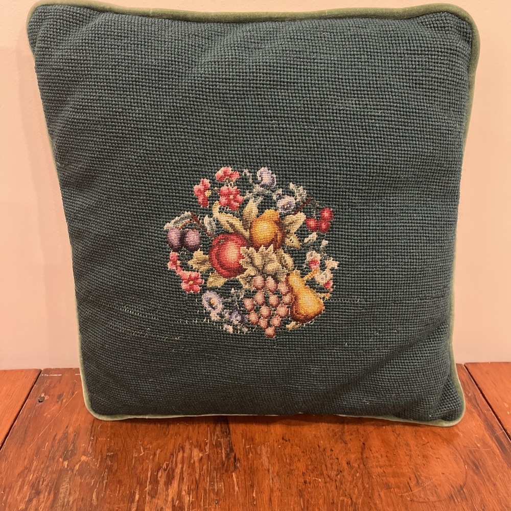 Handmade Needlepoint Square Pillow Fruit Green Background Velvet Zipper Back 14"